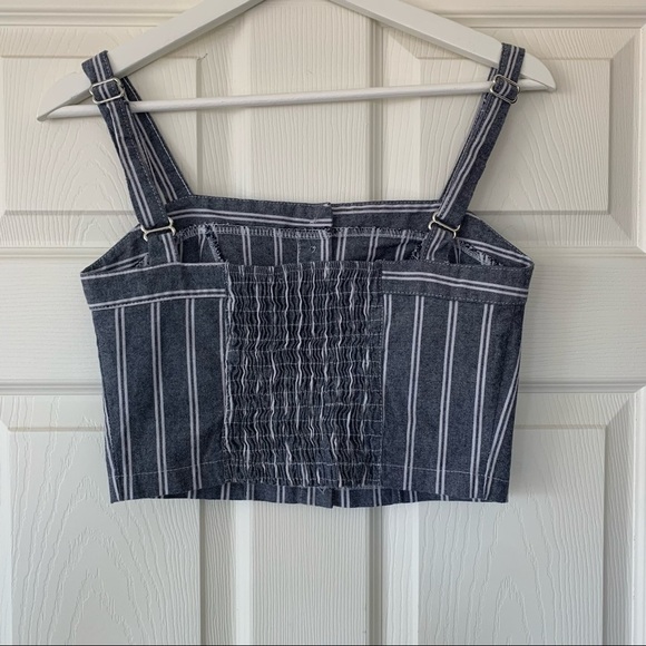 Brandy Melville Denim Like Blue & White Striped Crop Top Smocked Back One Size - Picture 4 of 6